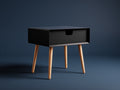 Table d'appoint 50×38×55 cm - bois noir et pieds bois naturel - avec tiroir pour chambre à coucher