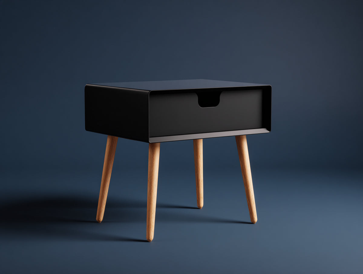Table d'appoint 50×38×55 cm - bois noir et pieds bois naturel - avec tiroir pour chambre à coucher