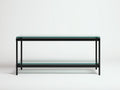 Console 140×38×75 cm - verre clair et métal noir - 2 tablettes ouvertes pour chambre à coucher