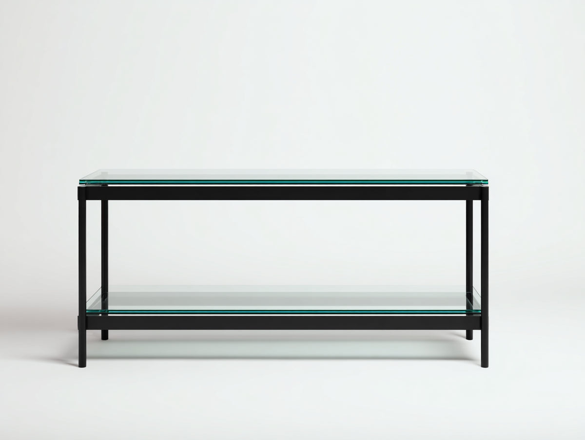 Console 140×38×75 cm - verre clair et métal noir - 2 tablettes ouvertes pour chambre à coucher