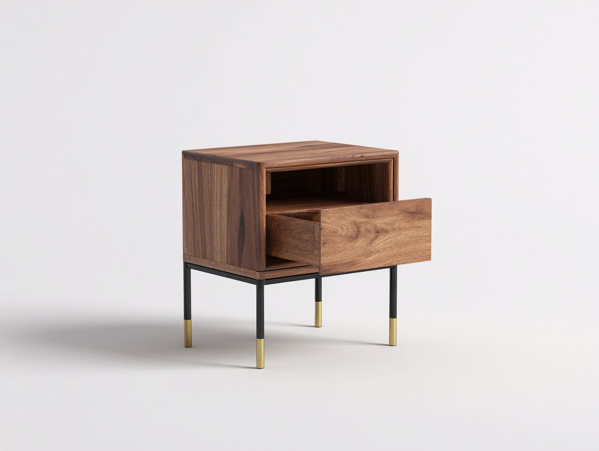 Table d'appoint 48×42×58 cm - bois naturel et pieds métal noir - tiroir intégré style moderne pour chambre à coucher