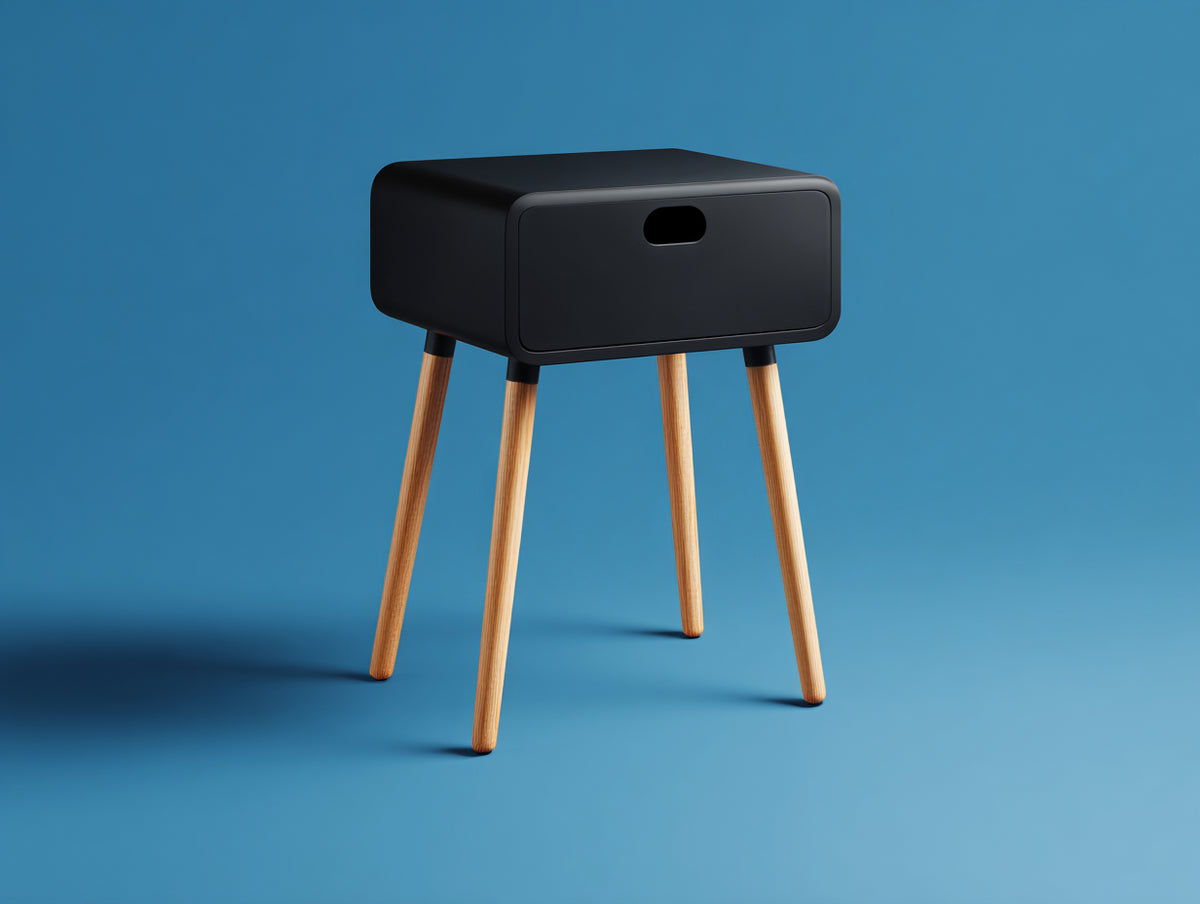 Table d'appoint 50×42×58 cm - plateau noir et pieds en bois clair - meuble compact avec tiroir pour chambre à coucher