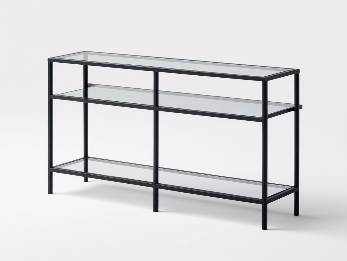 Console 120×35×75 cm - verre transparent et acier noir - style industriel minimaliste pour chambre à coucher