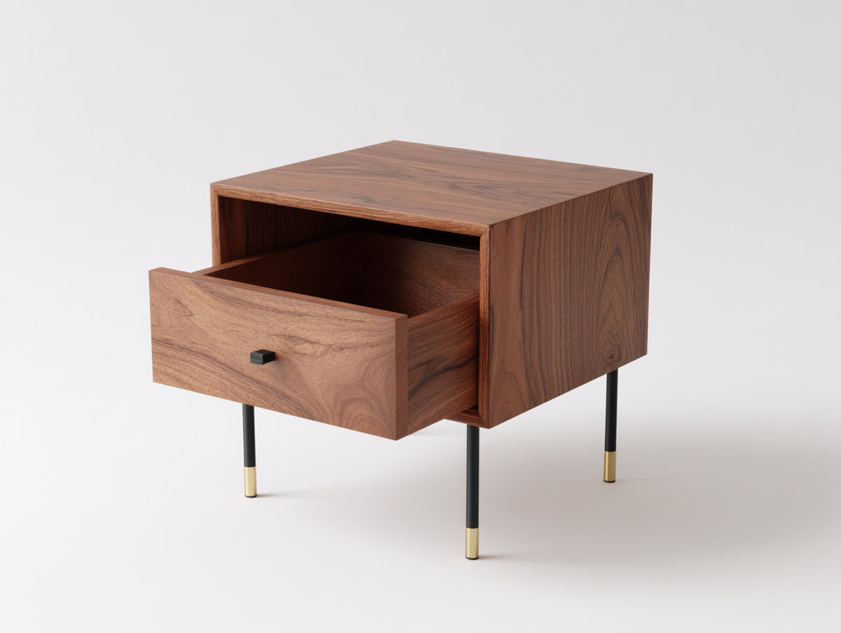 Table d'appoint 50×40×60 cm - bois effet noyer et métal noir doré - tiroir avec bouton pour chambre à coucher