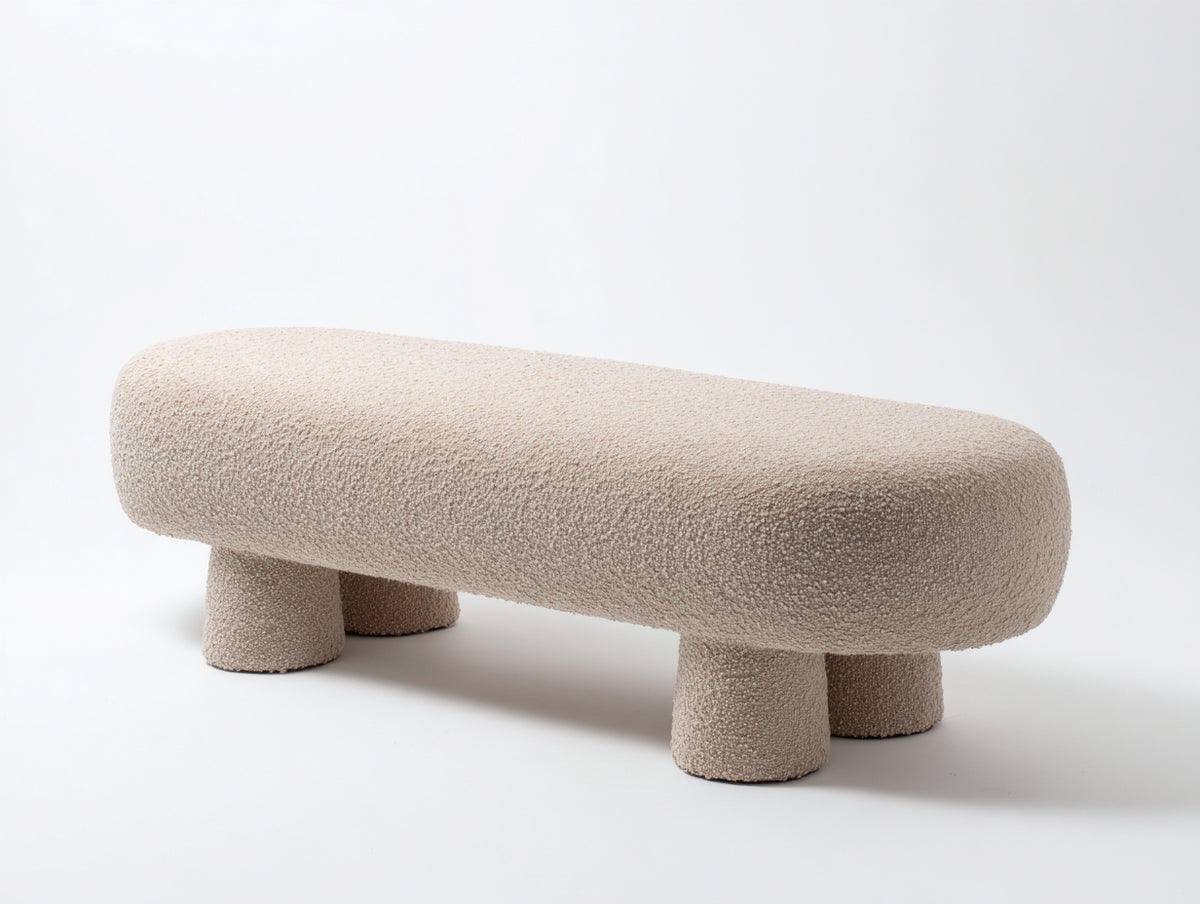 Banc tapissé 150×45×42 cm - tissu bouclé écru - assise épaisse style contemporain pour chambre à coucher