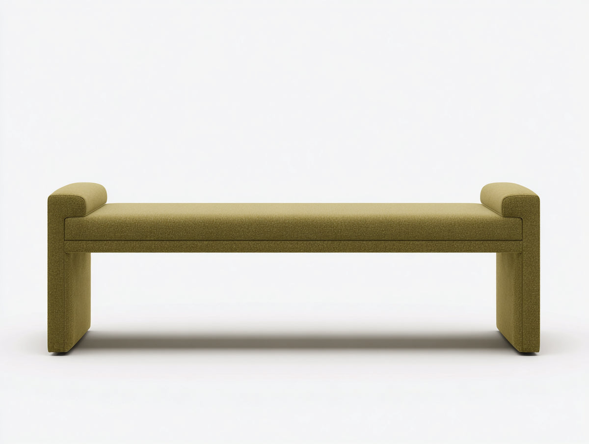 Banc rembourré 150×50×58 cm - tissu texturé vert olive - accoudoirs cylindriques pour chambre à coucher