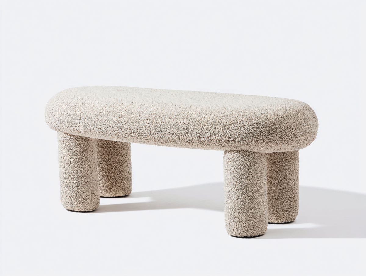 Banc tapissé 130×42×40 cm - tissu bouclé beige - forme arrondie style moderne pour chambre à coucher