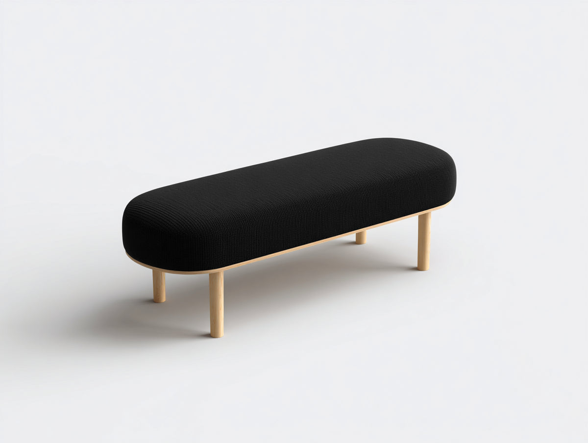 Banc tapissé 145×45×43 cm - tissu noir - pieds en bois clair style minimaliste pour chambre à coucher