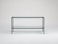 Console 120×35×75 cm - verre transparent et acier noir - 2 niveaux pour chambre à coucher