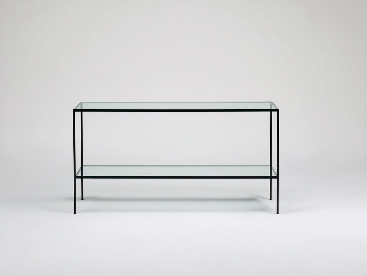 Console 120×35×75 cm - verre transparent et acier noir - 2 niveaux pour chambre à coucher