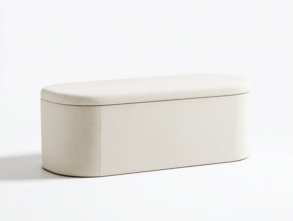 Banc coffre 120×42×45 cm - tissu tissé blanc cassé - assise ovale rembourrée pour chambre à coucher