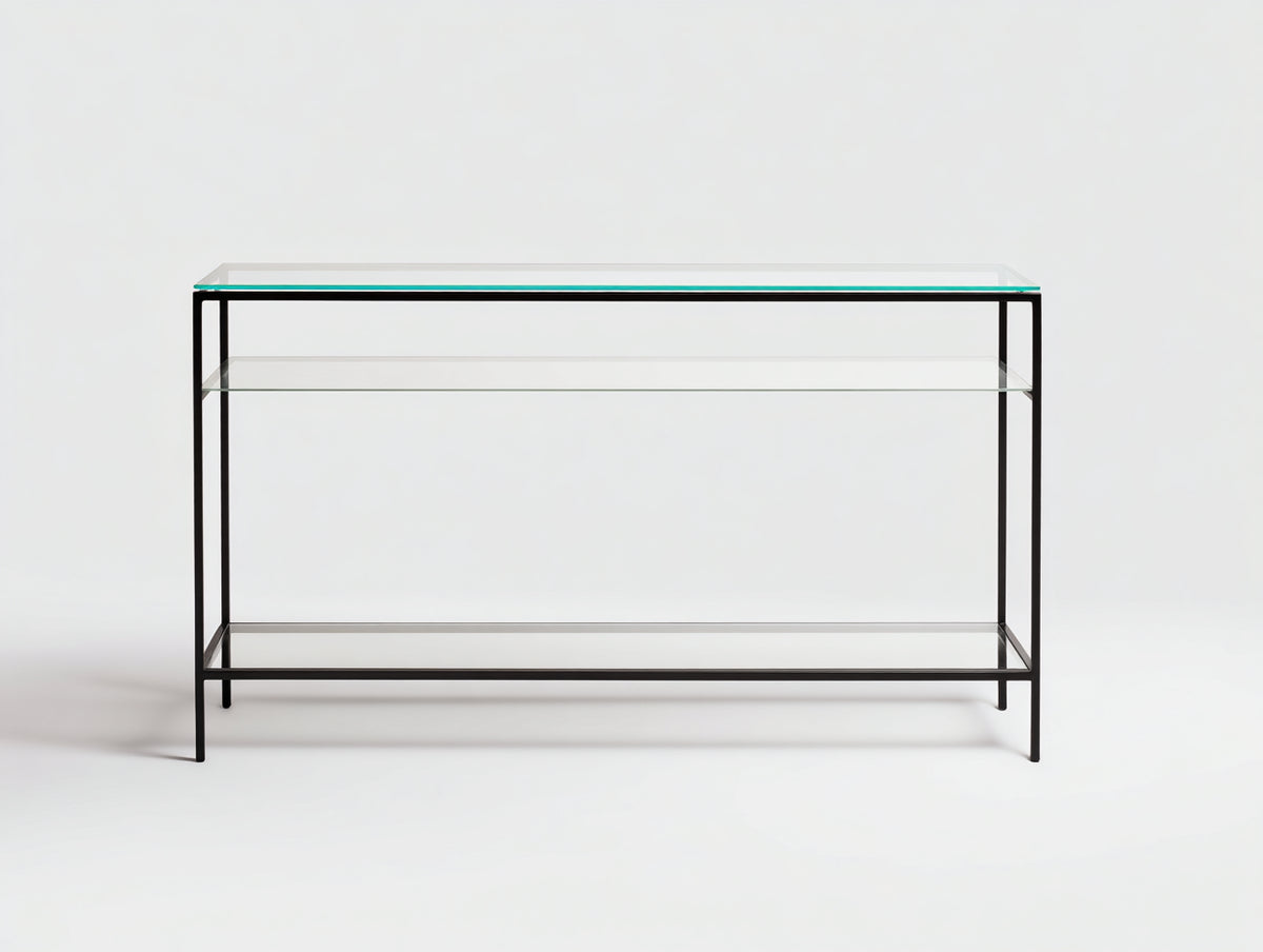 Console en verre trempé 120×35×80 cm - transparent et noir - étagère ouverte pour chambre