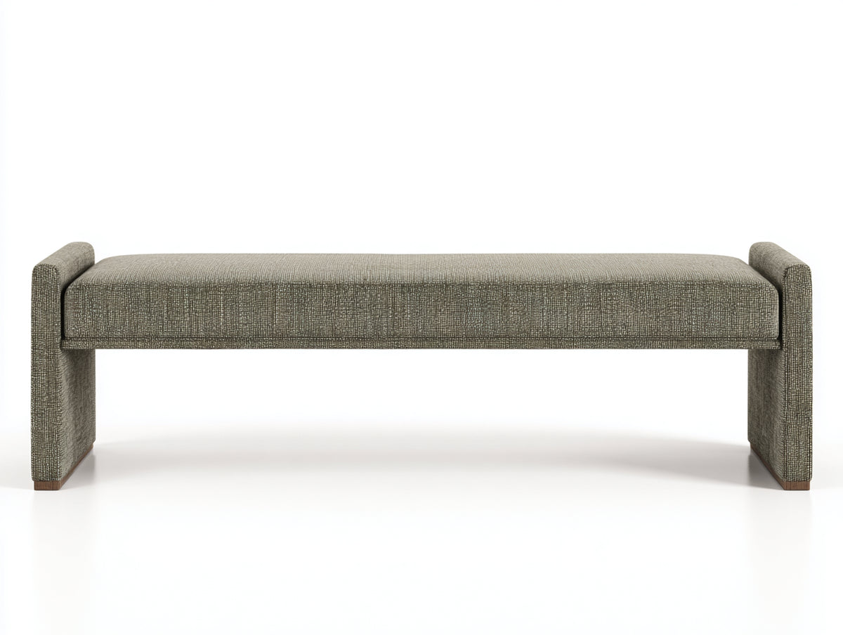 Banc rembourré 160×48×55 cm - tissu chiné gris taupe et bois naturel - assise longue pour chambre à coucher