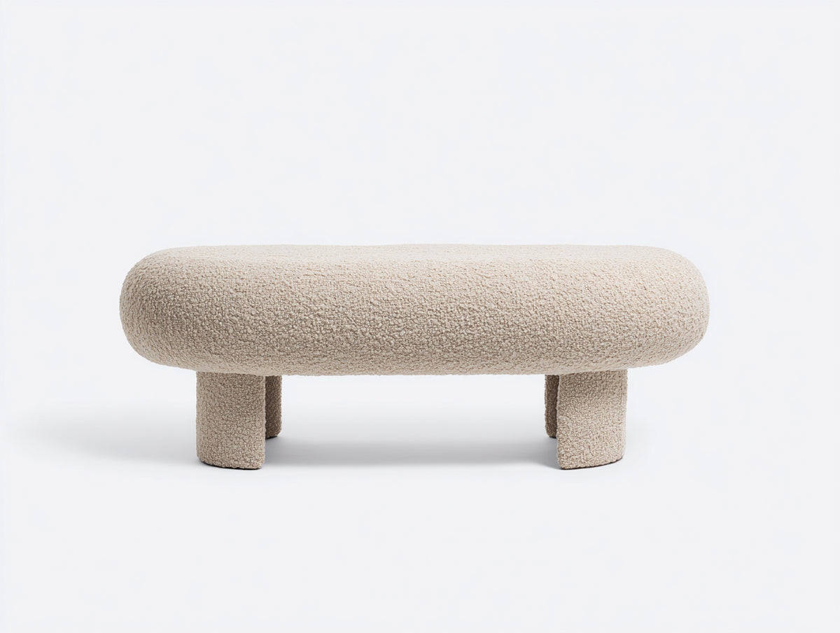 Banc rembourré 140×48×42 cm - tissu bouclé beige crème - assise arrondie moderne pour chambre à coucher