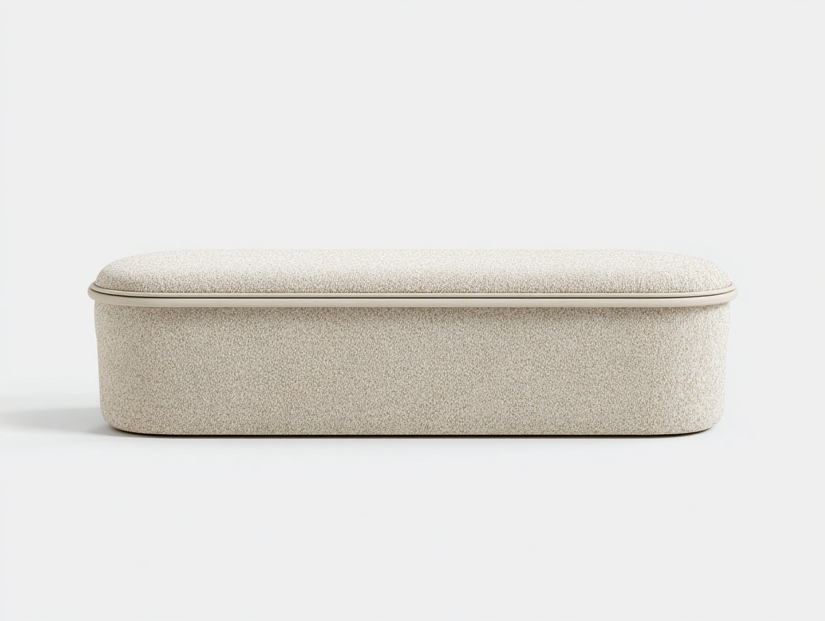Banc coffre 140×45×43 cm - tissu bouclé beige clair - assise allongée avec passepoil pour chambre à coucher